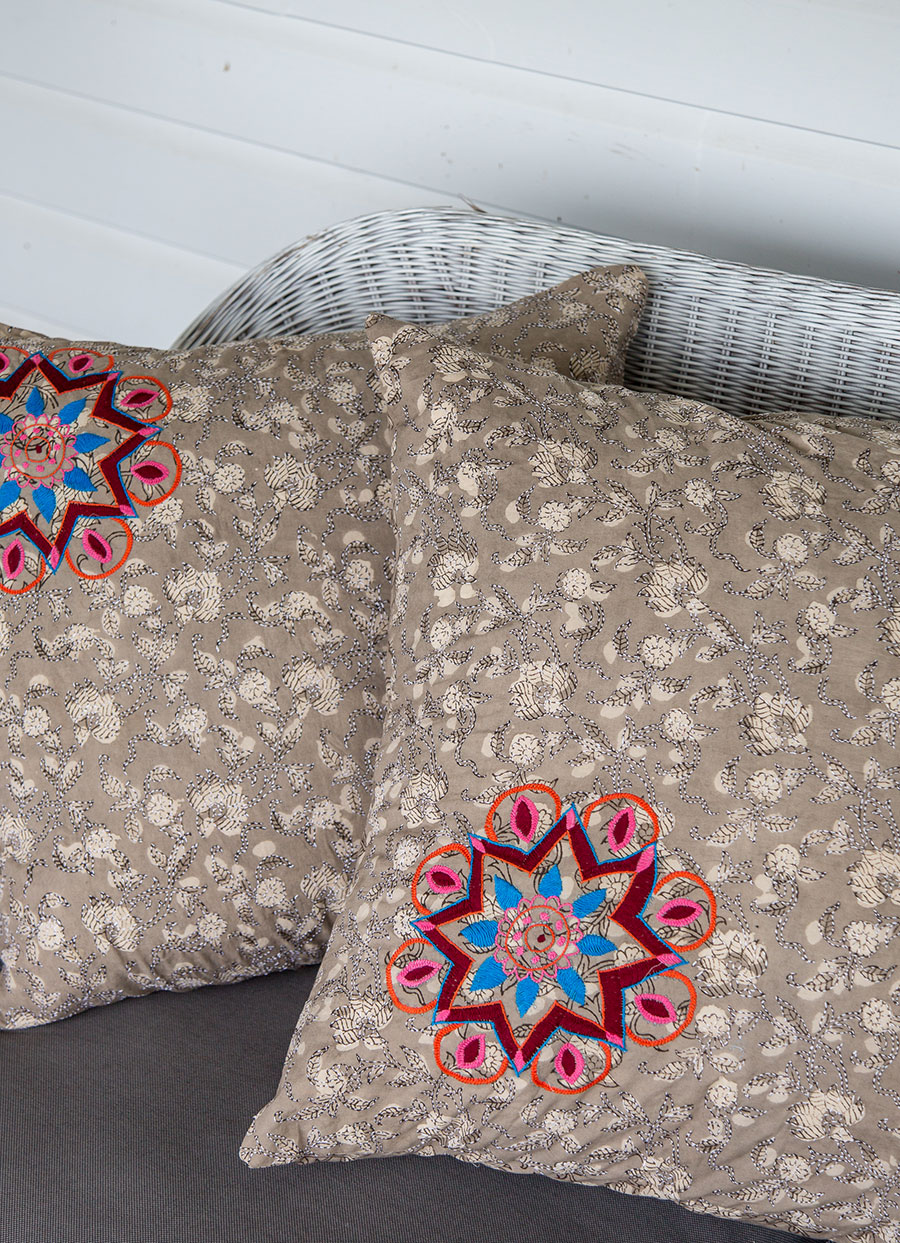 These stunning block print embroidered cushions showcase the artisan crafts of India
