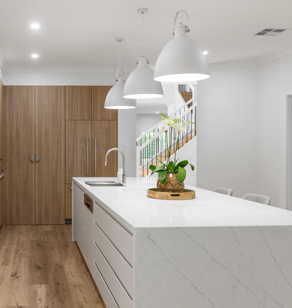 Function and form combine in this designer kitchen and bathroom update